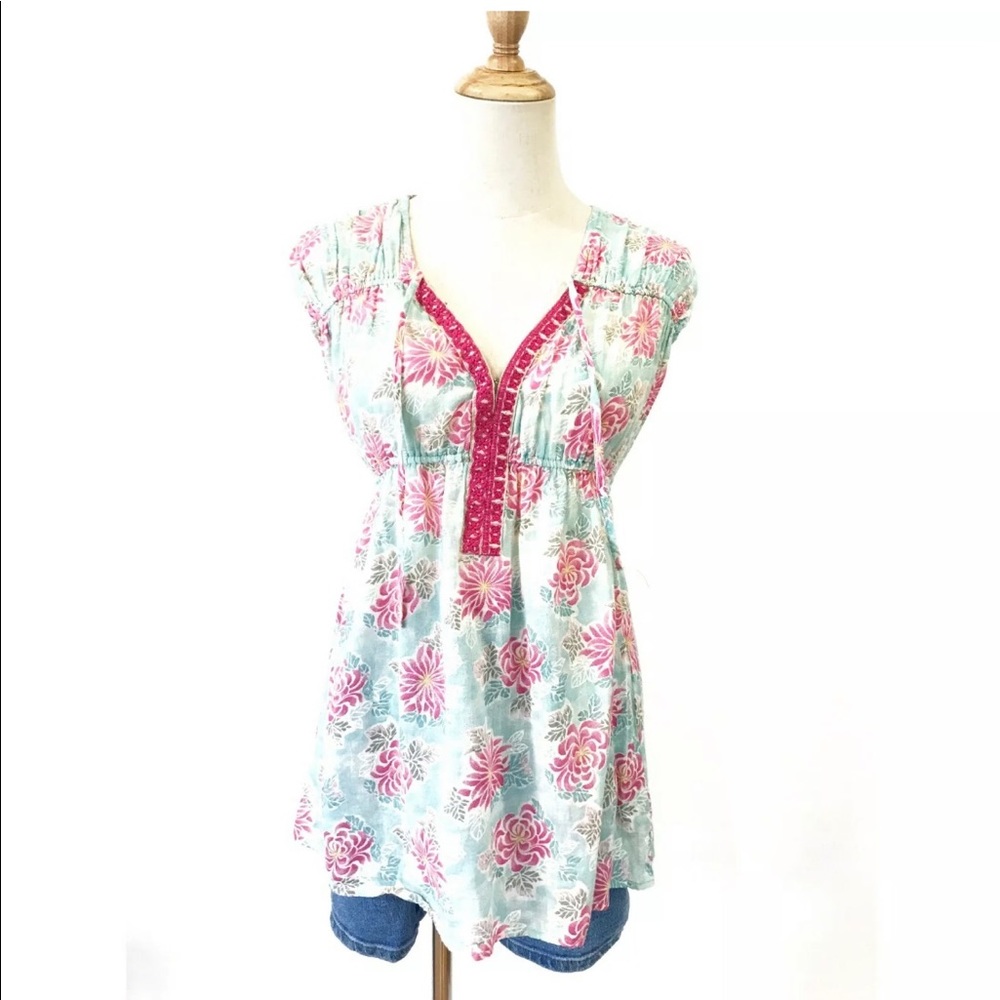 Free People Rare Blue Tunic with Pink Flowers Size S.
